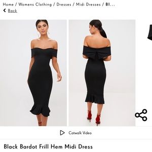 Black Bardot drill hem midi dress